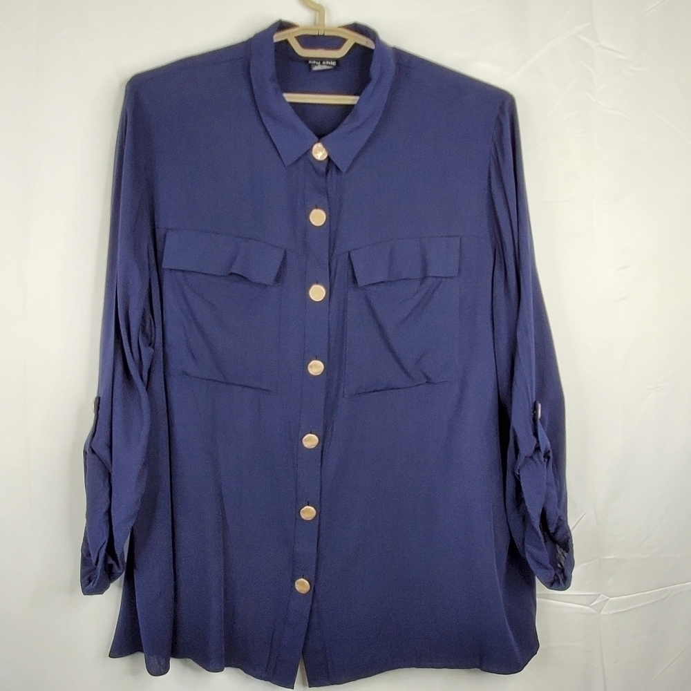 Long Sleeve Plus Size Tunic XL/22 Gold Buttons Blouse with Pockets Office‎ Fall